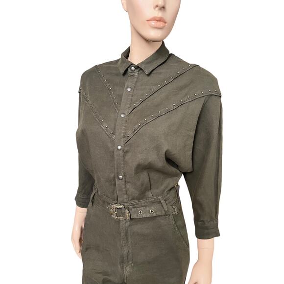 The Kooples Studded Kaki Linen Belted Jumpsuit Size 1 French Brand True To Size - Picture 6 of 15